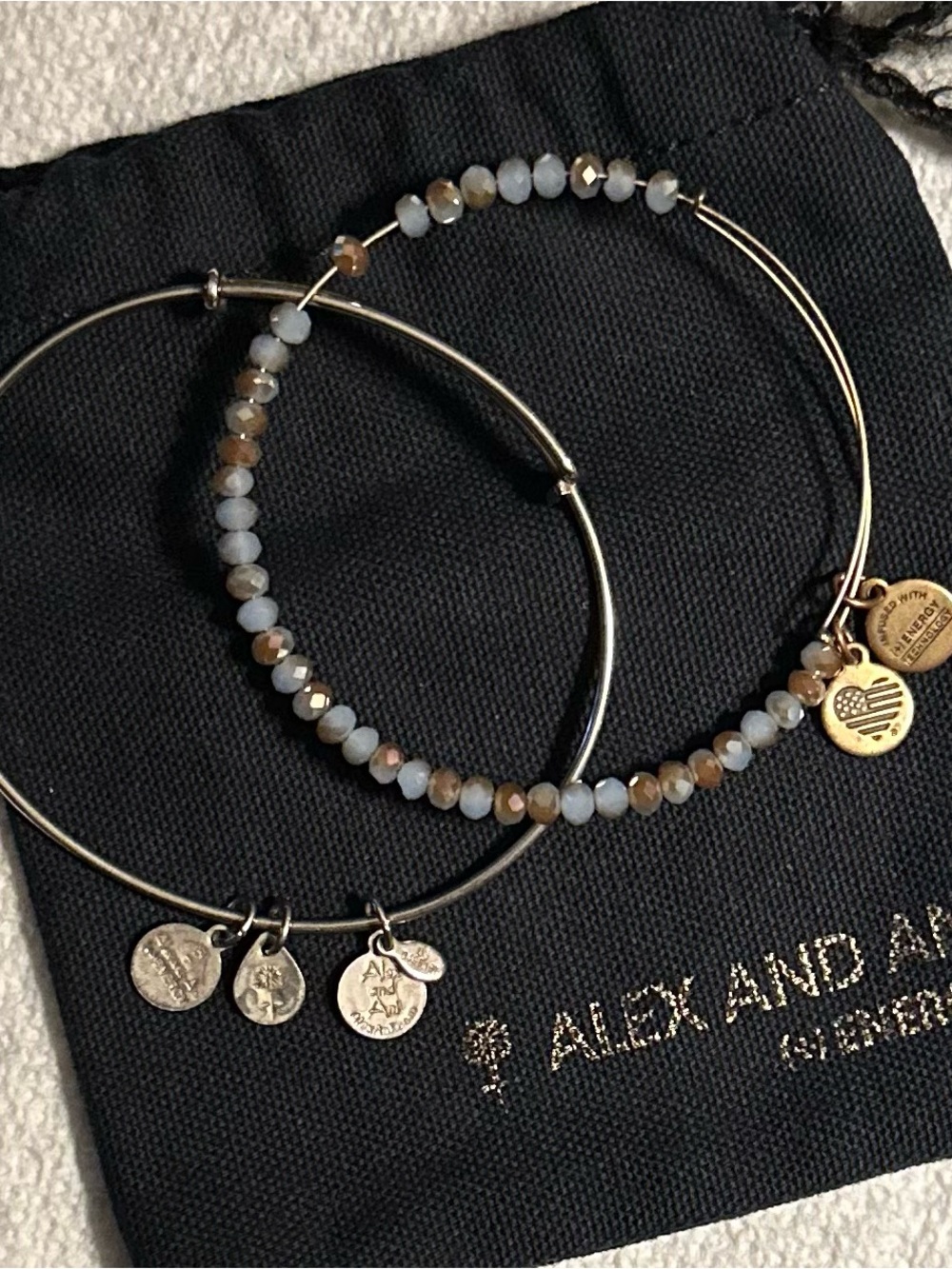 ALEX AND ANI Stack: Dandelion Silver Bangle & Patriotic Beaded Heart Flag Bangle